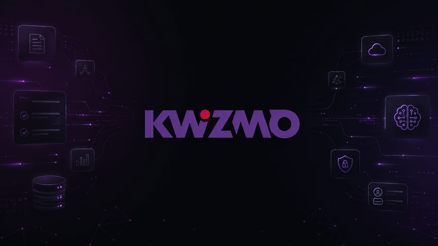 Logotip Kwizmo z ikonami podatkov, oblaka in umetne inteligence na temnem ozadju.