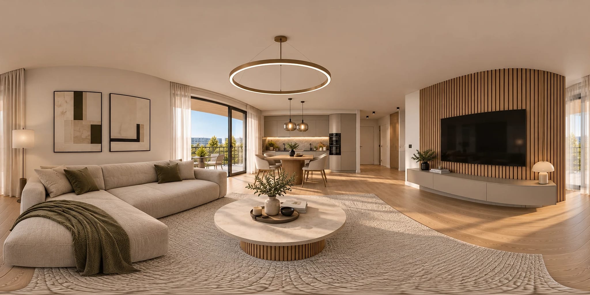 360° panorama of the living room with the kitchen, dining area and terrace doors.