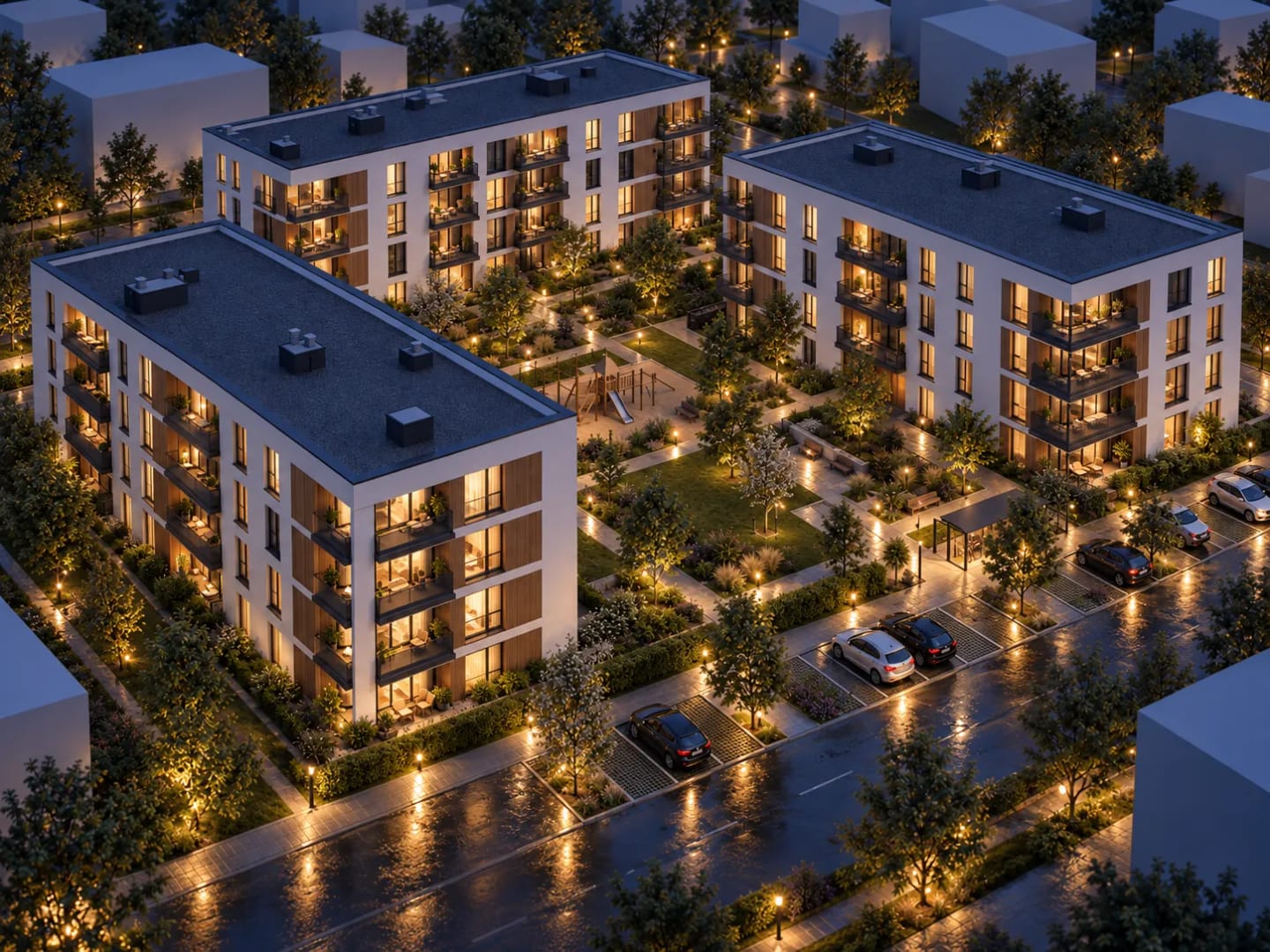 Night view of the same complex with lit windows, balconies and illuminated paths.