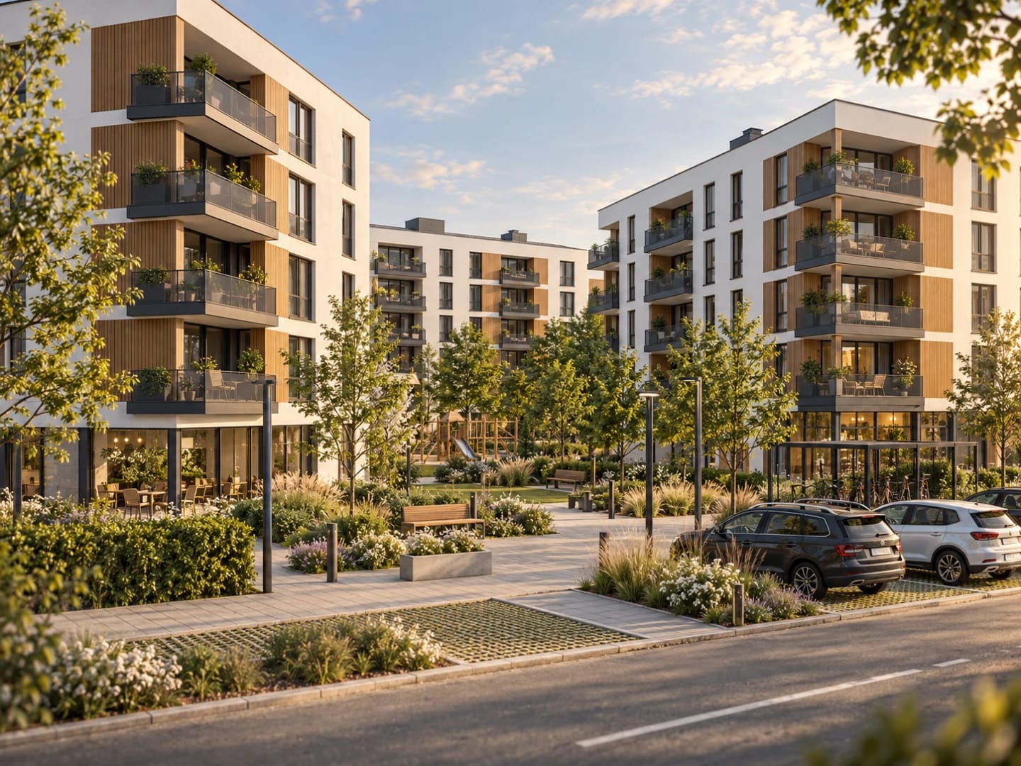 Street-level view of the new development with timber cladding, trees and parking spaces.