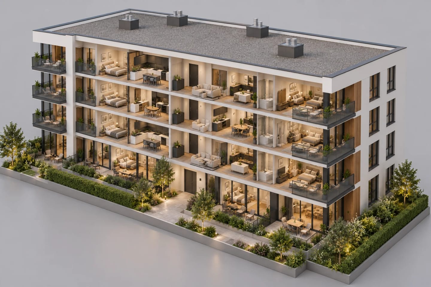 Cutaway model of the block showing furnished apartments across four floors.