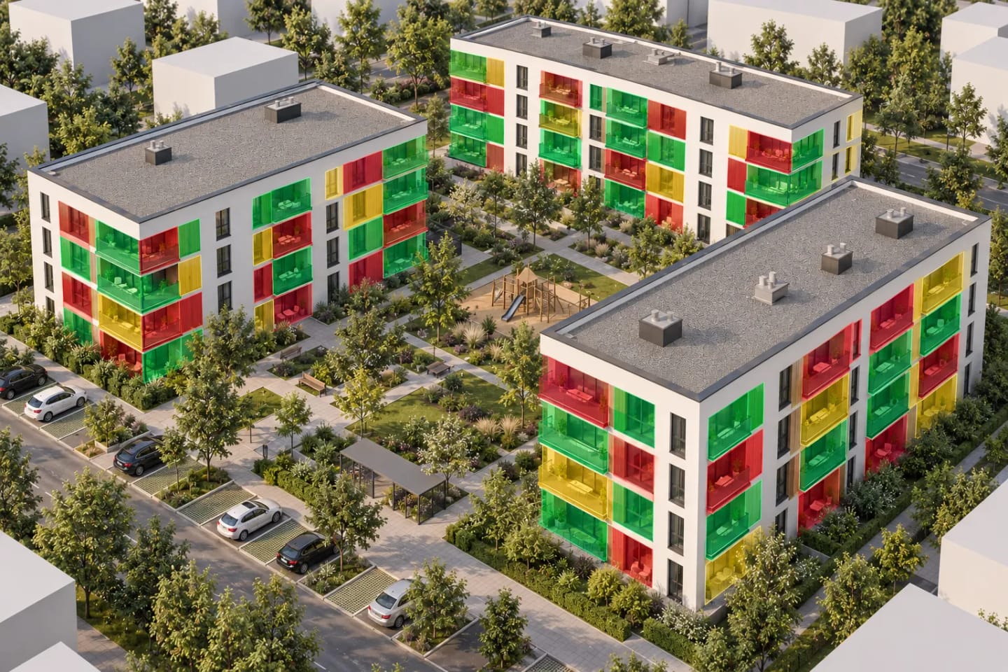 Model of the complex with apartments marked green, yellow and red by availability.