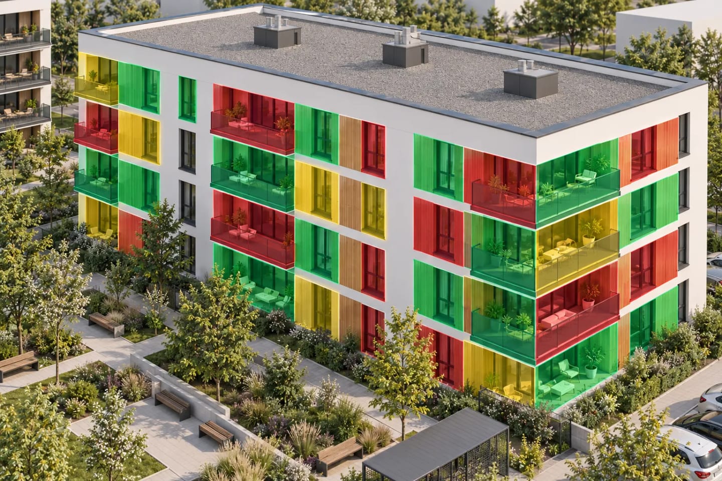 A single block with colour-coded apartments: available green, reserved yellow, sold red.