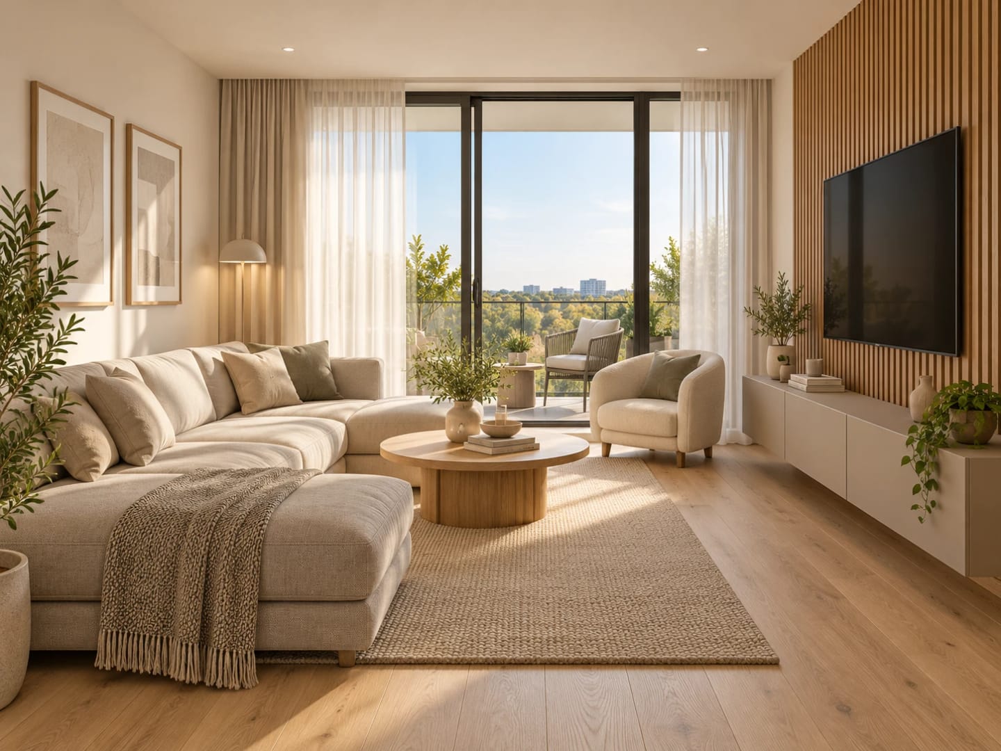Bright living room with a sofa, wooden floor and a large window onto the terrace.